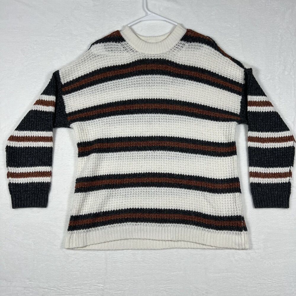 American Eagle Sweater Womens XS Ivory Striped Knit Crew Neck Waffle Pullover
